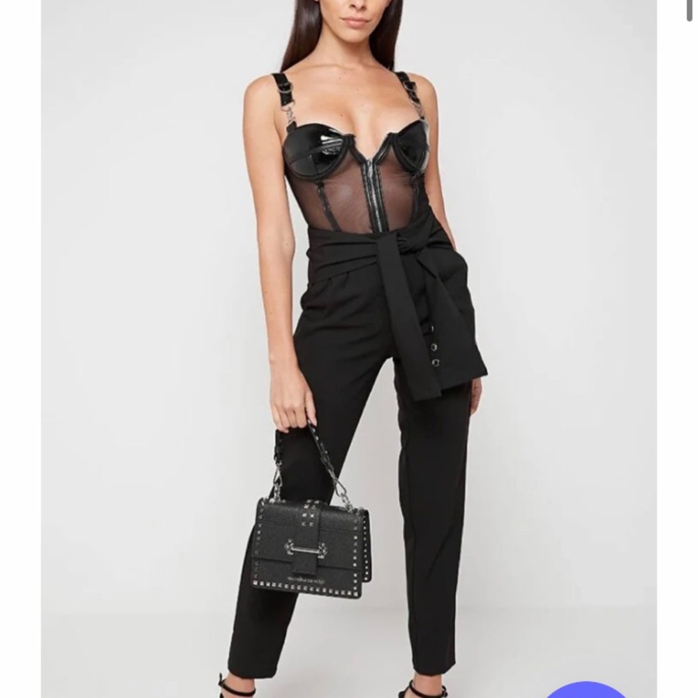 Maniere De Voir patent and mesh detail body suit